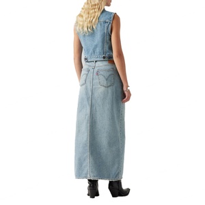 Jupe longue en jean personnalisée à fente avant, taille haute, en coton de haute qualité, bleu délavé, style vintage, pour femme - Product Image 5