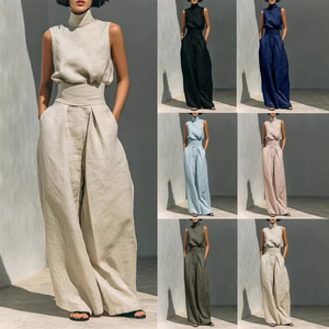 Nuevo Artículo de Primavera y Verano en Stock, Traje Casual de Pantalones sin Mangas de Algodón y Lino para <span class=keywords><strong>Mujer</strong></span>, Estilo Europeo y Americano - Product Image 1