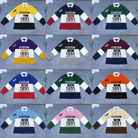Polo de rugby style universitaire personnalisé avec logo sérigraphié, color block, en coton 100%, pour garçon, style hip-hop, manches longues