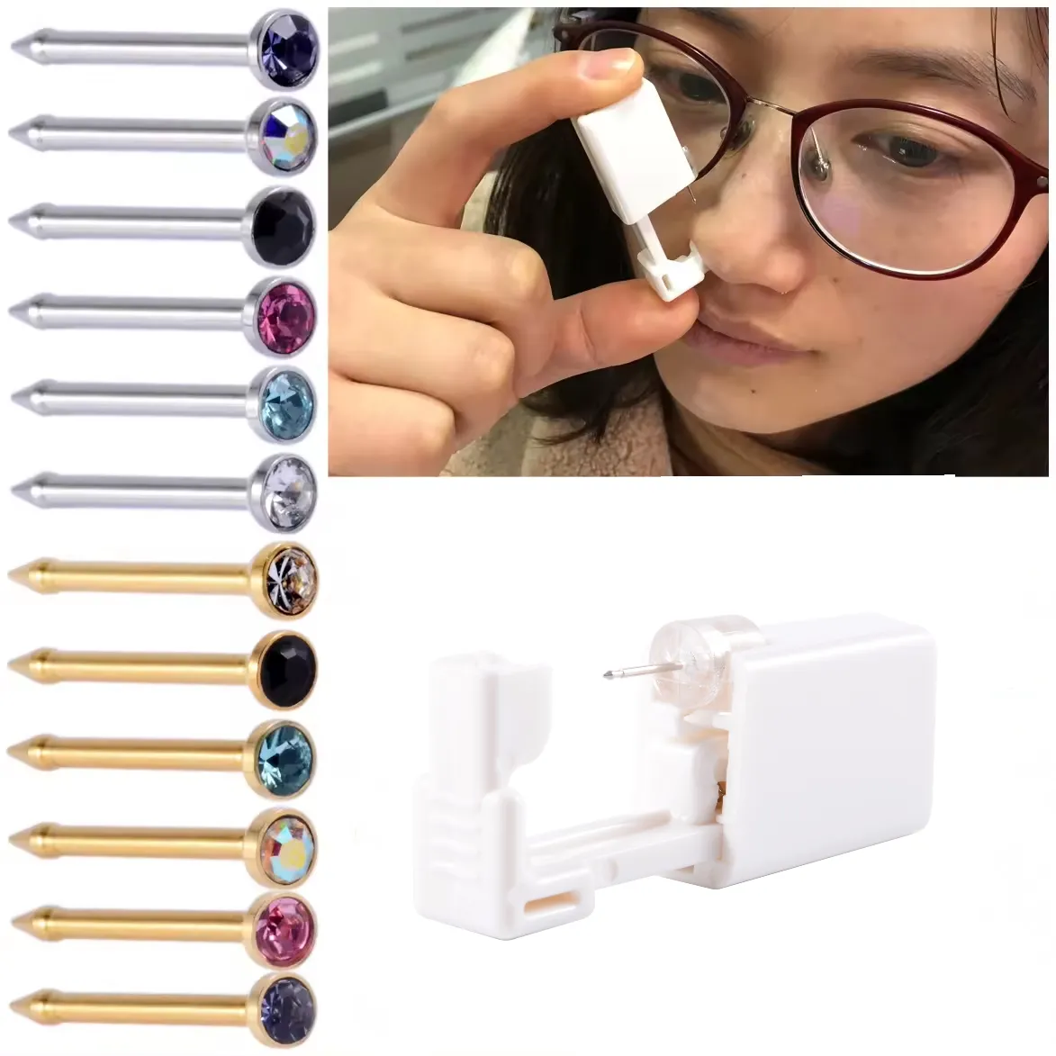 Hot Selling Disposable Sterilized Stainless Steel Nose Bone Ring with Cubic Zirconia Nose Studs Body Puncture Jewelry