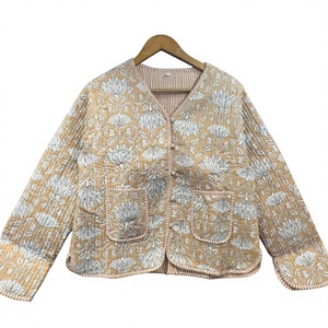 Beige floral <b>quilted</b> cotton <b>jacket</b> with long sleeves front pockets relaxed fit soft handmade style casual winter layering wear - Product Image 1