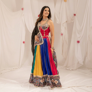 Traditional Indian Wedding Lehenga Set Women's Pure Rayon Colorful Embroidered Floor-Length Skirt with <b>Red</b> <b>Crop</b> <b>Top</b> and Dupatta - Product Image 1