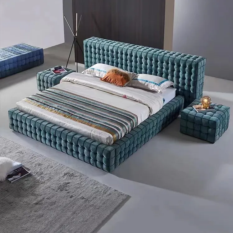 โมเดิร์นสไตล์อเมริกันสีฟ้าวัวกำมะหยี่ผ้าเตียงที่มีกรอบไม้เฟอร์นิเจอร์ห้องนอนหรูหราเตียงคู่