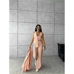 Blazer en lin rayé orange pour femme, veste à manches longues, tissé, respirant - Product Image 1