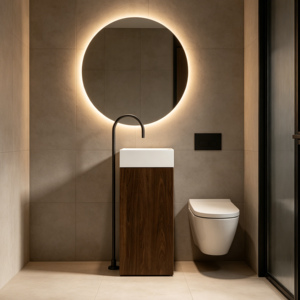 Mueble de Baño <span class=keywords><strong>con</strong></span> Lavabo de Cerámica y <span class=keywords><strong>Pedestal</strong></span> de Almacenamiento, Estilo Nórdico, <span class=keywords><strong>con</strong></span> Acabado en Madera de Nogal - Product Image 4