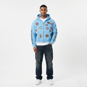 Blouson à capuche zippé pour homme bleu clair multi-patchs tendance 2026, style vintage déchiré, streetwear, esthétique Y2K Cyber - Product Image 1