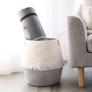 Panier de rangement tissé rond en coton et lin avec poignée, pliable, à pompons, grand format, pour vêtements, gris beige - Product Image 2