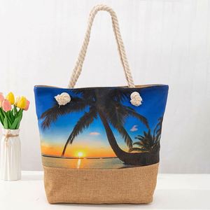 Bolsa de Compras de Lona de Moda de Verano, Bolsa de Playa de Algodón con Estampado de Palmeras de Coco, Gran Capacidad, para Mujer - Product Image 6