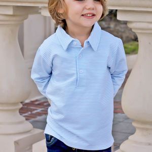 Custom Pattern Kid Pullover Light Blue Stripe Long Sleeve <strong>Polo</strong> Unisex Casual Children Clothes Baby Premium Cotton Solid Smocked - Product Image 2