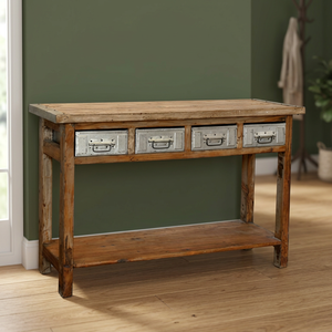 Table console en bois massif de style industriel et farmhouse avec 2 tiroirs pour salon, hôtel, appartement - Product Image 2