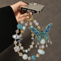 Cadena de Lujo para Teléfono con Mariposa Turquesa, Abalorios de Cristal y Diamantes de Imitación AB, Llavero Dorado, Colgante para Bolso, Joyería Hecha a Mano al por Mayor