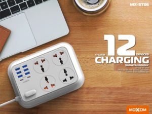 MOXOM Office Home UK EU Plug Socket 2M Power Strip <strong>Extension</strong> <strong>Lead</strong> Worldwide 4 Way Outlets 6 <strong>USB</strong> 2 Type C Ports Power Strip - Product Image 4