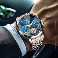 OLEVS jam tangan mekanis otomatis pria, arloji 6619 mewah asli Tourbillon Hollow multifungsi