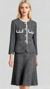 Nuovo Completo Autunnale in Stile Francese Casual, Due Pezzi, Tinta Unita, Lunghezza a Terra, Slim Fit, Tessuto Intrecciato, Linea ad A, Collo Tondo Naturale - Product Image 2