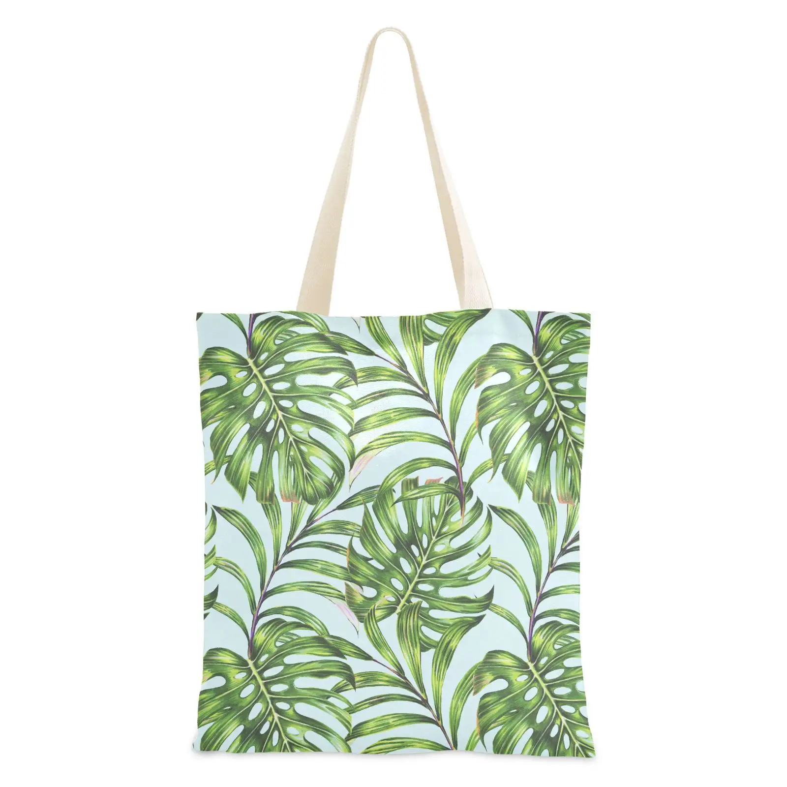 Sacola de compras natural reutilizável com desenho personalizado de Monstera sacola de lona com alças para compras do Havaí