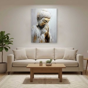 Dipinto su Tela Vintage con Buddha e Loto Rosa, Arte Murale Zen Neutra e Spirituale per Casa e Sala di Meditazione - Product Image 1