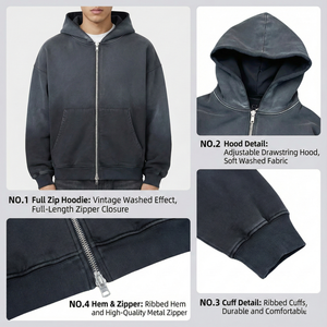 Hot Supplier Custom Oversized Heavyweight Acid Wash <b>Zip</b> <b>up</b> <b>Hoodie</b> Blank Sun Faed High Quality Cotton Casual Boxy Man Hoodies - Product Image 2