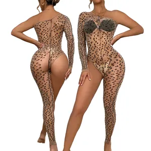 2024 Deep Love Nylon Leopard Pattern Bodystocking One Sleeve One Leg Sexy Lingerie unopened net clothing