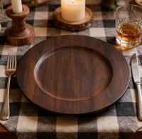 Assiettes de présentation rondes jetables de 13 pouces en plastique, texture bois, style luxe, avec plateau, pour événements et mariages