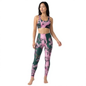 Sublimated Print Yoga Set <b>Women</b> High Waist <b>Leggings</b> Crop Top Two Piece Sportswear Full Length Racerback Spandex Polyester tights - Product Image 1