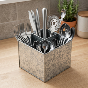 Wholesale Rustic Galvanized Metal Utensil <b>Caddy</b> with 3 Compartments Silverware Organizer for <b>Kitchen</b> Countertop Cutlery Holder - Product Image 3