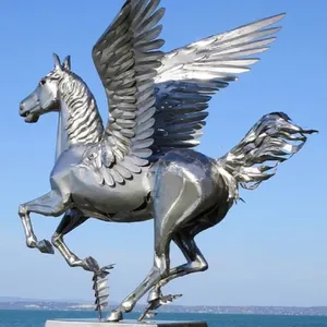 Outdoor garden life size stainless steel flying horse with wings statue