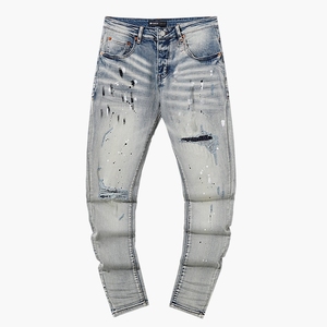   <span class=keywords><strong>Jean</strong></span> bleu clair pour <span class=keywords><strong>homme</strong></span>, style urbain, déchiré, motif éclaboussures d'encre, denim vintage délavé, coupe slim stretch, pantalon en <span class=keywords><strong>jean</strong></span> de créateur - Product Image 2
