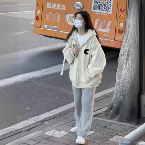 Women's Hooded Sweatshirt Apricot Thin Loose Fit Korean Style <b>Thick</b> <b>Cardigan</b> Early Autumn Coat - Product Image 3