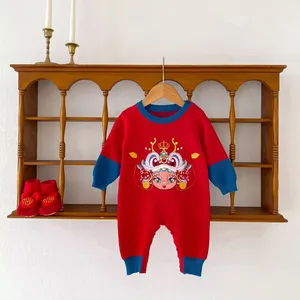 Baby Autumn Winter Bodysuit Baby The Year Of The Loong Chinese Style Hundred Days Red Clothes Plush Sweater Baby Creeper