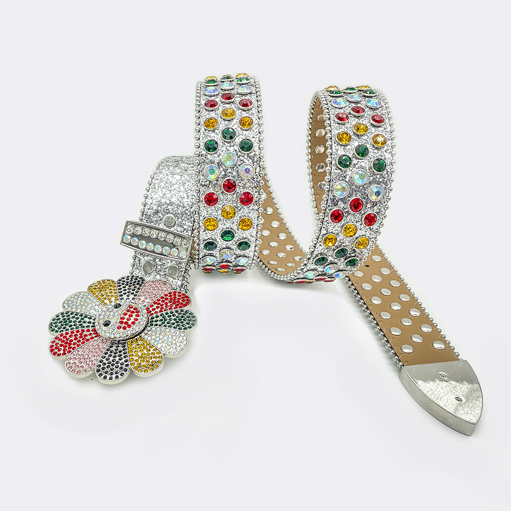 Popular Rhinestone Flower Hip Hop Rotating Belt Buckle - Stylish