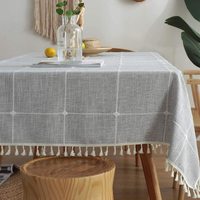 Nappe de table en coton et lin non tissé imprimé sur mesure avec des glands et de la dentelle