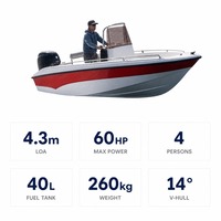 Bateau de planage Chaser 430 de 4,3 m, fond en V à 14 degrés, bateau de pêche en fibre de verre, moteur hors-bord max. 60 CV