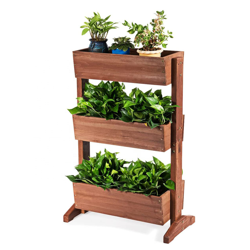 Outdoor Fir Wood Vertical Plant Stand, 3 Tier Planter Box, Freestanding Elevated Raised Garden Bed для Patio, balcony