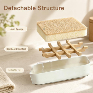 <span class=keywords><strong>Porte</strong></span>-<span class=keywords><strong>savon</strong></span> en bambou compostable naturel avec égouttoir en bambou et kit d'éponges de nettoyage en cellulose pour cuisine, salle de bain et rangement - Product Image 3