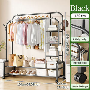 Perchero Móvil Multifuncional Personalizable de Doble Barra con Estantes de Almacenamiento, Estructura de <span class=keywords><strong>Metal</strong></span> Inoxidable para Dormitorio y Balcón - Product Image 6