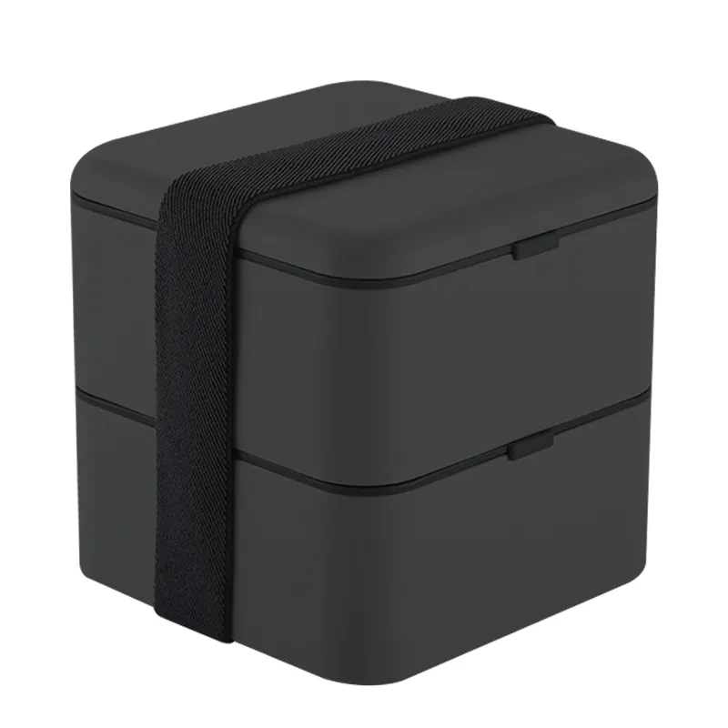 صندوق غداء أسود بالكامل خالي من البيسفينول مانع للتسرب من الميكروويف آمن إلى سطح مزدوج مربع مربع