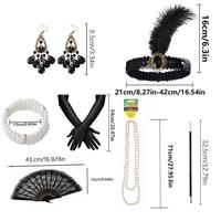 Ensemble d'accessoires de costume Flapper des années 1920 : Bandeau à plumes, Gants, Éventail, Boucles d'oreilles, Collier pour Adultes – Kit de Fête Costumée Gatsby