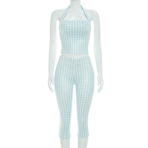 Viviblook C26ST238 Women Summer <b>Set</b> New <b>Sexy</b> Sleeveless Plaid Print Halter Backless Vest Cropped Pants Casual Two Pieces <b>Set</b> - Product Image 1