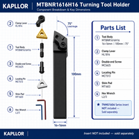 Porte-outil de tournage cylindrique externe KAPLLOR 75 degrés MTBNR2020K16, fonction de serrage pour tour CNC carré