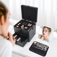 Étui à maquillage en aluminium résistant à l'eau, durable, avec miroir LED, séparateurs réglables, porte-pinceaux, étui cosmétique professionnel
