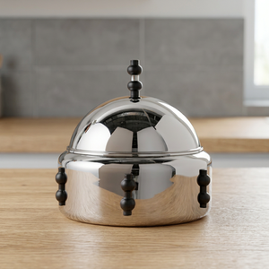 Casserole ronde en acier inoxydable avec couvercle en dôme et boutons noirs, design minimaliste, alimentation isolée - Product Image 3