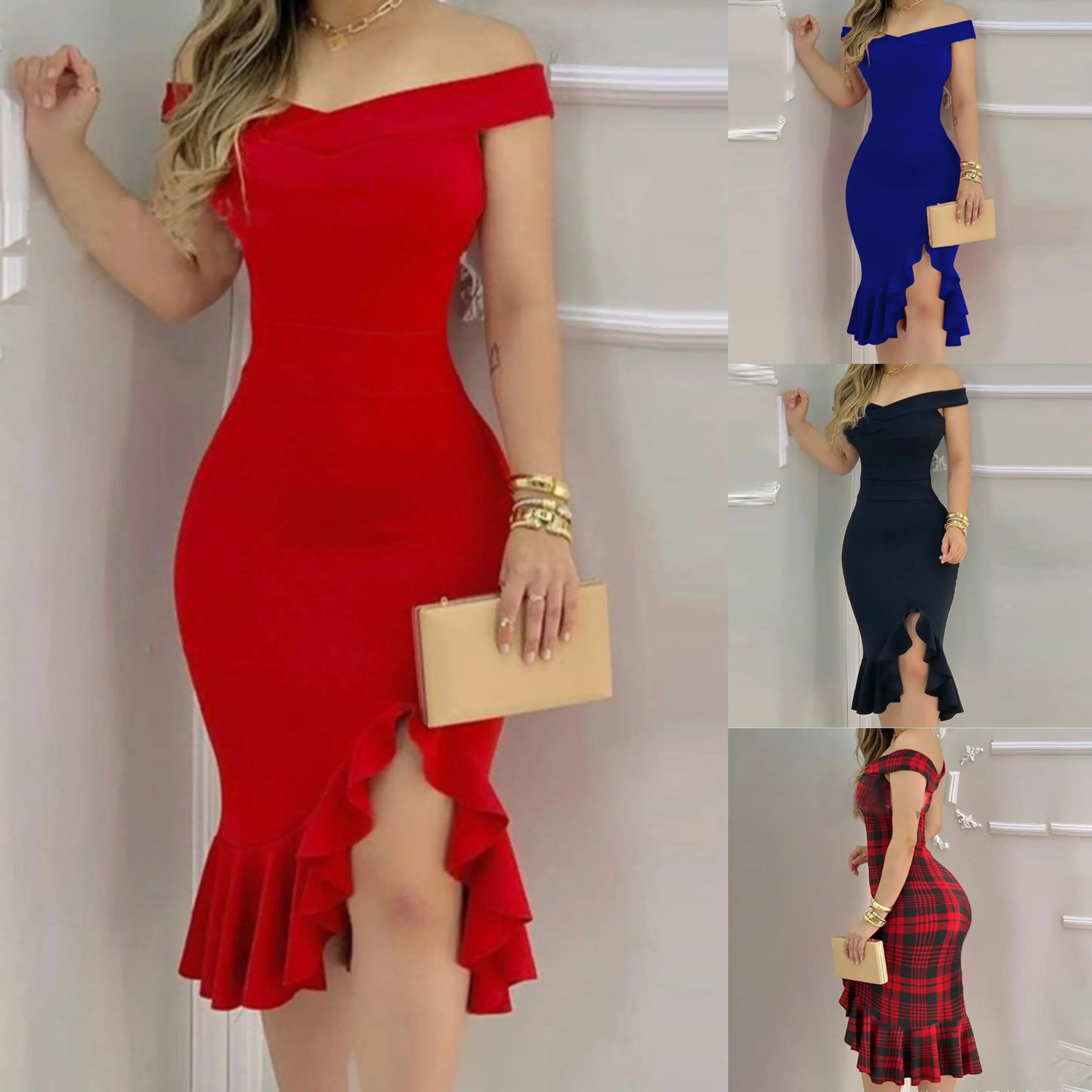 2022 women clothing The new casual dresses ruffled shoulders split end temperament sexy evening dress