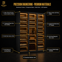 Système mural pour vin personnalisé avec éclairage LED intégré et étagères en chêne massif pour bar à domicile moderne