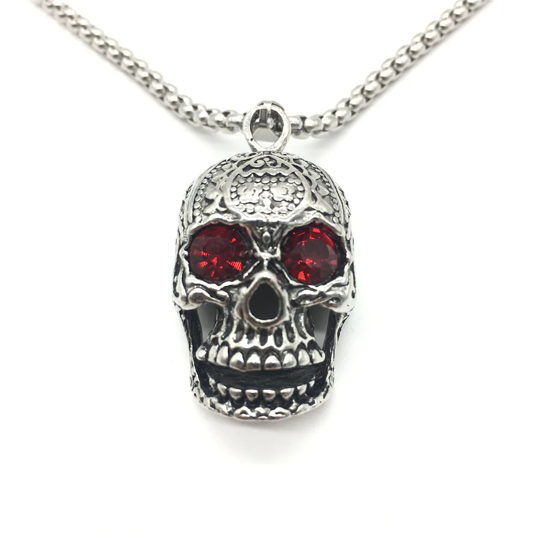 Skull red rhinestone Necklace, Stainless Steel Skull Pendant Necklace Gothic Skeleton Pendants for Men with 27.56 inch chain