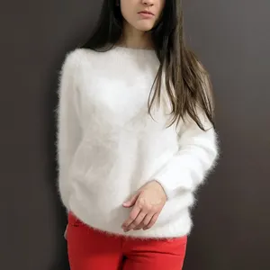 Wholesale custom logo women winter warm soft long sleeve crew neck solid color white knit fluffy angora sweater