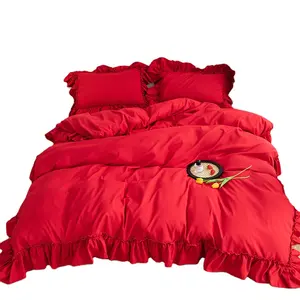 Home Textile Bedding Products Red Wash Cotton With Ruffled Finishing Bed Cover For Wedding Bedding Set