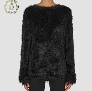 KD maglieria produttore personalizzato manica lunga Vintage nero girocollo soffice maglia Nylon Faux Fur Pullover Mohair donna maglione