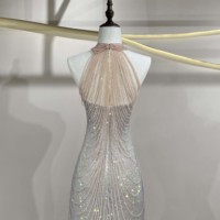 Robe de soirée sirène moderne rose argenté dégradé, à col halter, avec franges, bordure festonnée, perles et paillettes, longueur ras du sol |   Tapis rouge ciel étoilé pour femmes