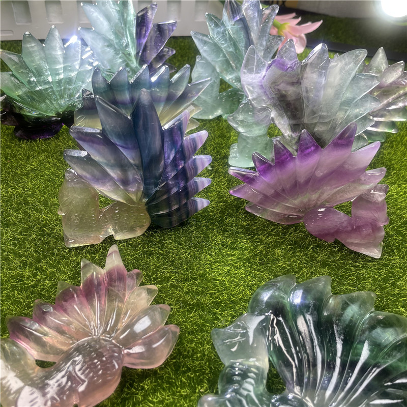 Rainbow Fluorite Nine-Tails Fox - Healing Crystal Carvings