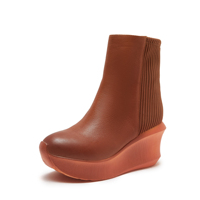 Sepatu bot platform wedge merah wanita, sepatu bot kulit sapi asli, ritsleting sisi lancip, sepatu bot ankle wanita dan wanita